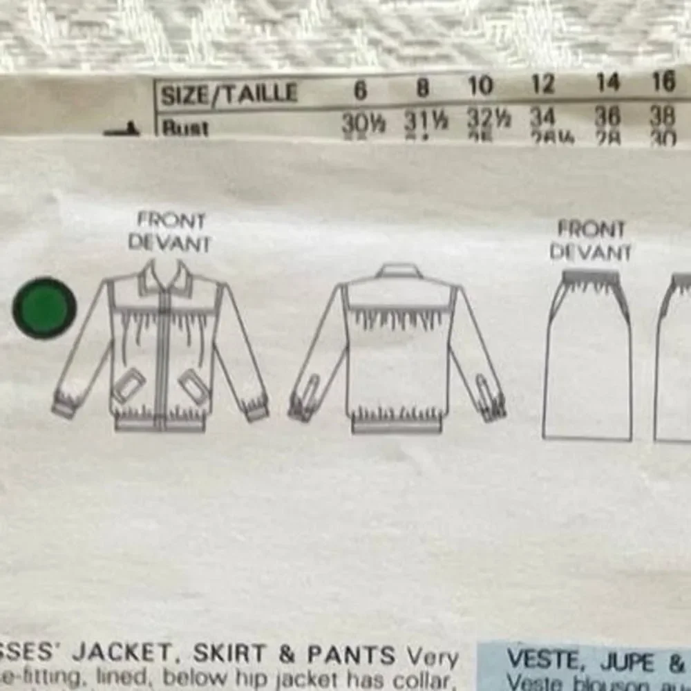 Uncut Vogue 1986 Paris Givenchy Jacket Skirt Pants Sewing Pattern #1787 size 12